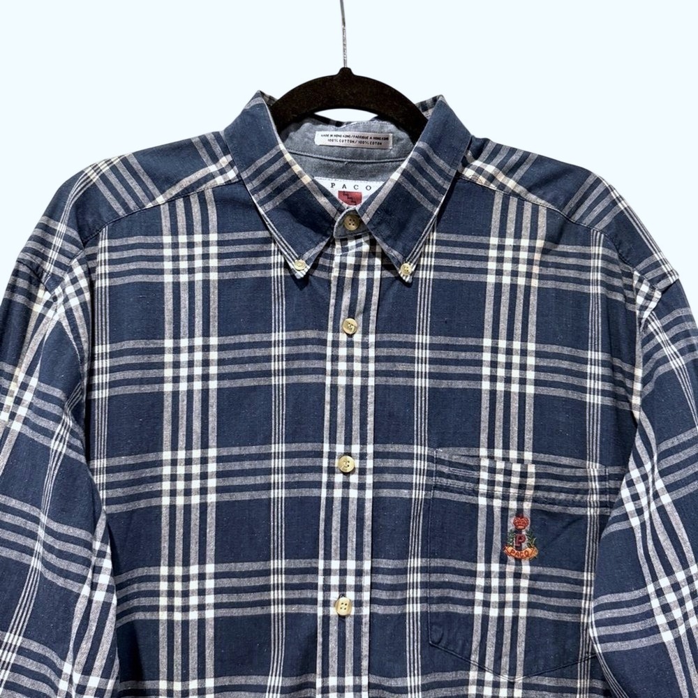 Paco Jeans Button Down Shirt Navy Blue Plaid 90s Preppy Embroidered Mens Large
